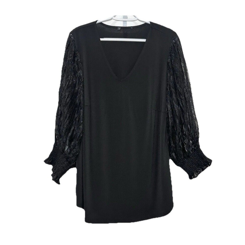Adrianna Papell Black Lace Sleeve Blouse XL V Neck Balloon Top Stretch